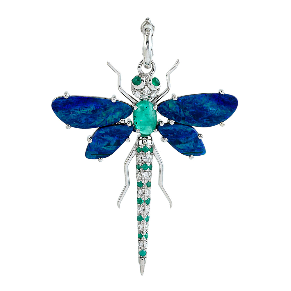 Opal, Emerald & Diamond Dragonfly Pendant in 14K White Gold