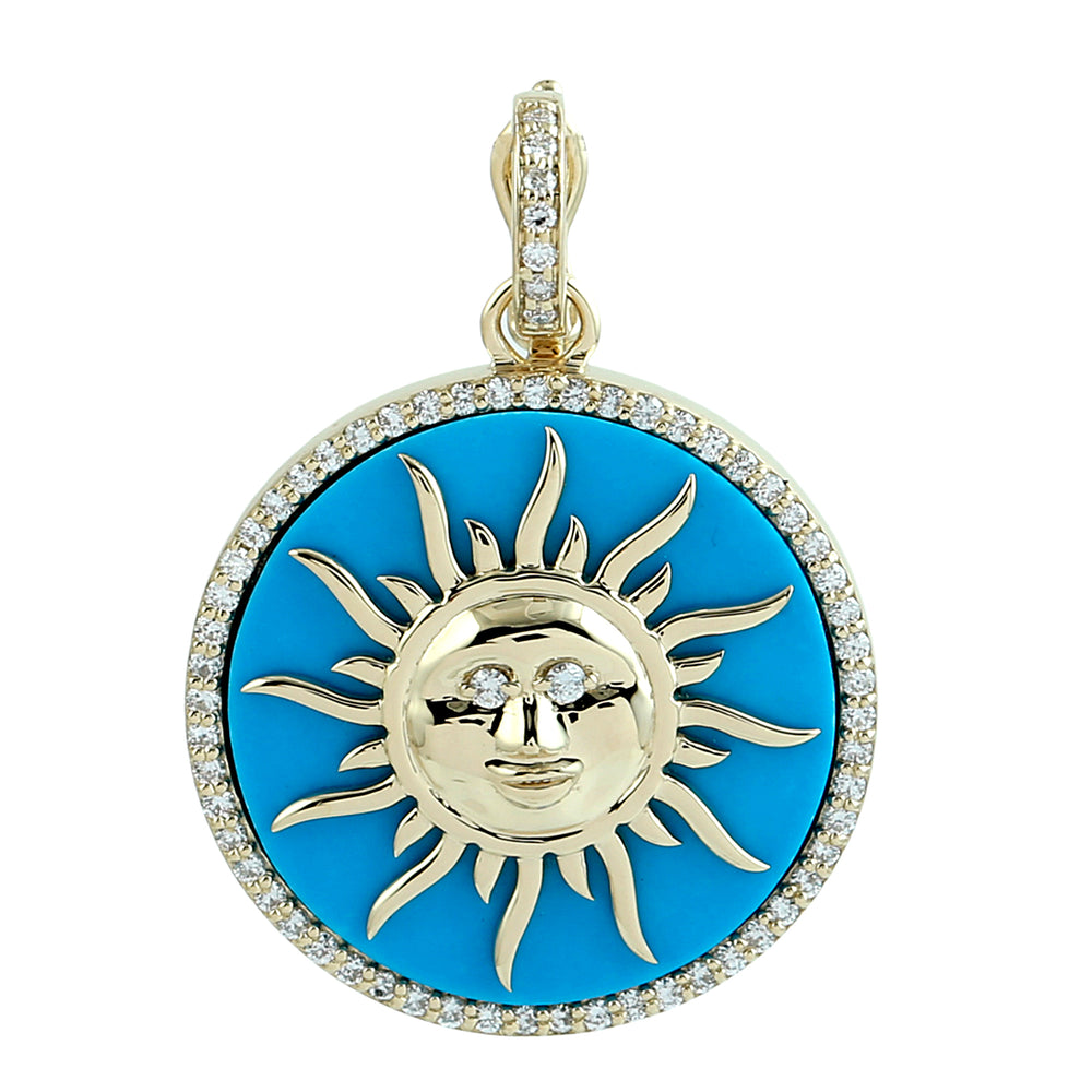 Turquoise Enamel Sun Face Pendant in 14K Yellow Gold with Diamond Halo