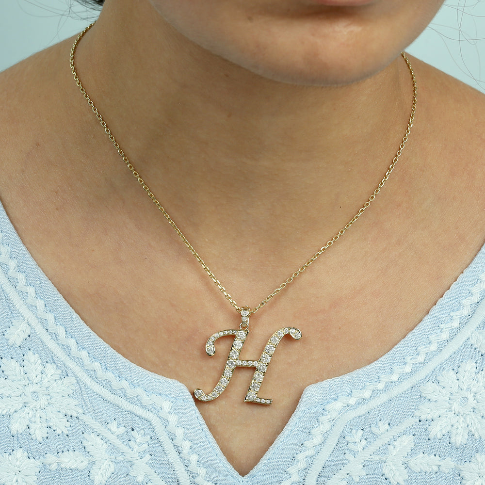 Diamond Script Initial Pendant “H” in 14K Yellow Gold
