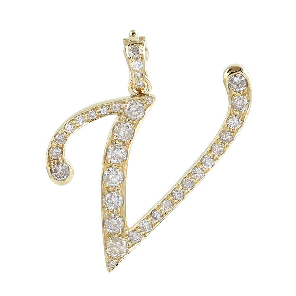 14K Yellow Gold Micro Pave Diamond "V" Initial Alphabet Pendant