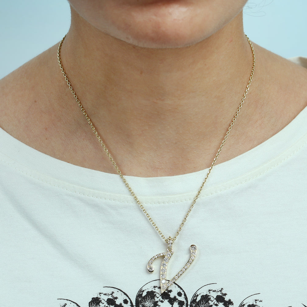 14K Yellow Gold Micro Pave Diamond "V" Initial Alphabet Pendant