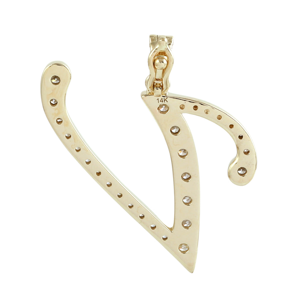 14K Yellow Gold Micro Pave Diamond "V" Initial Alphabet Pendant
