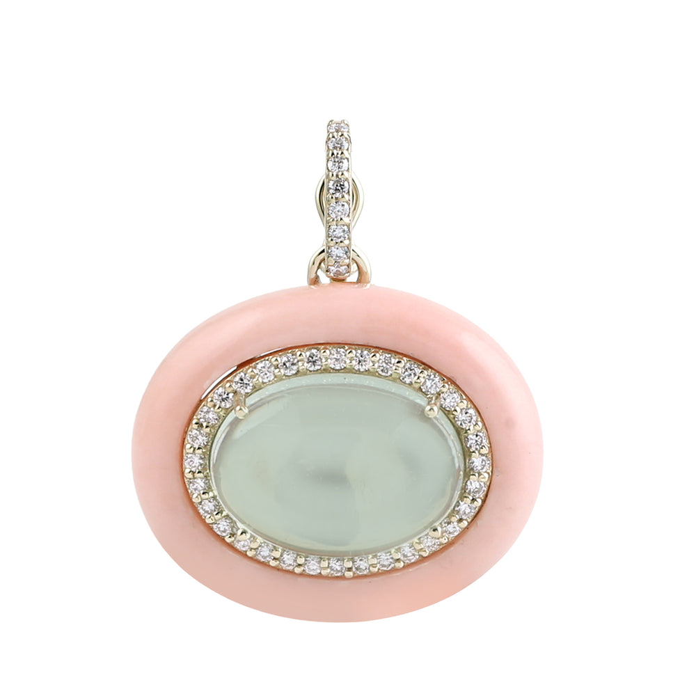 Green Amethyst & Opal Pave Diamond Halo Pendant in 14K Yellow Gold