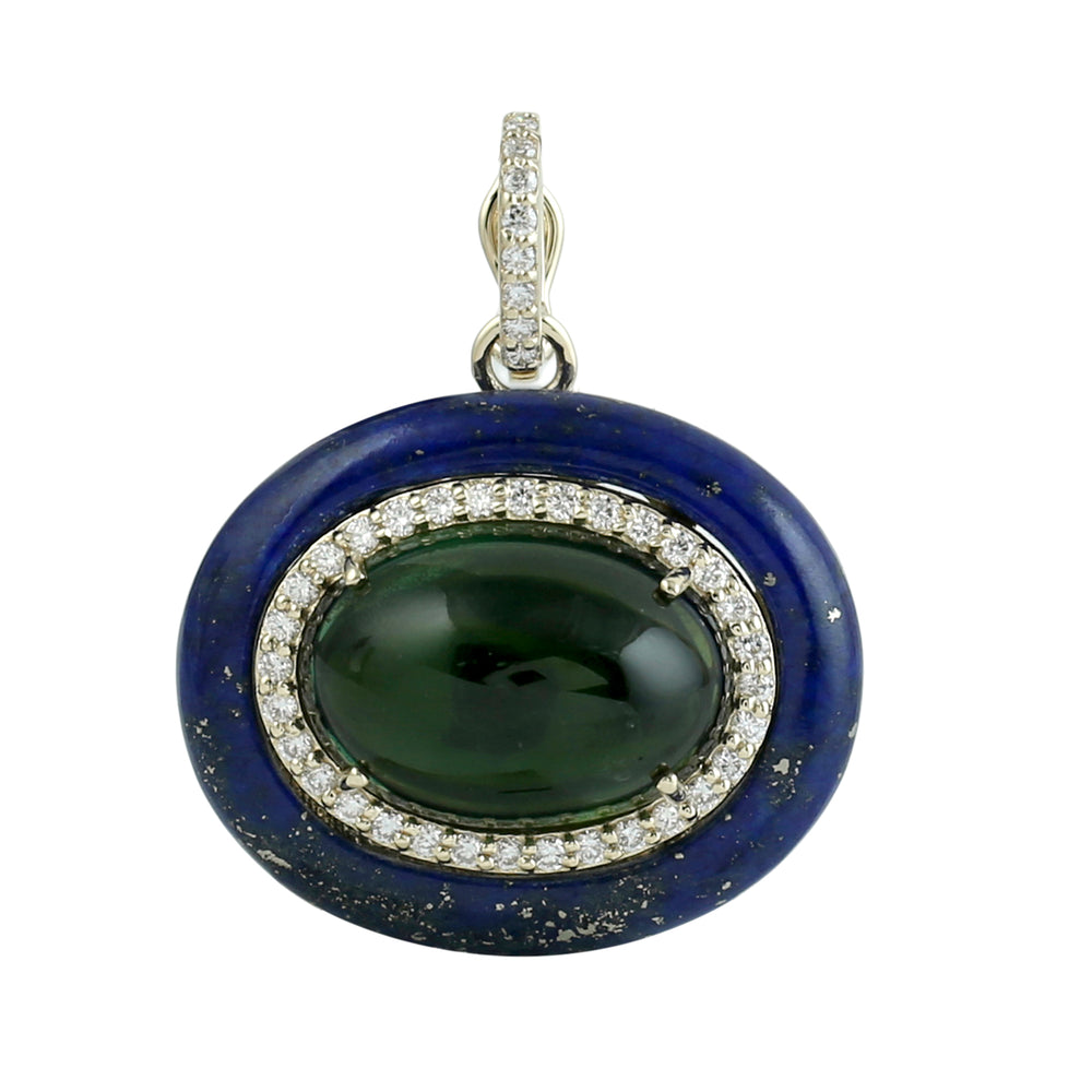 Green Tourmaline & Lapis Lazuli Pave Diamond Halo Pendant in 14K Yellow Gold