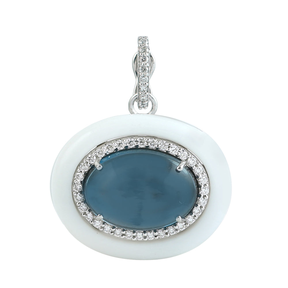 London Blue Topaz & Onyx Pave Diamond Designer Pendant in 14K White Gold