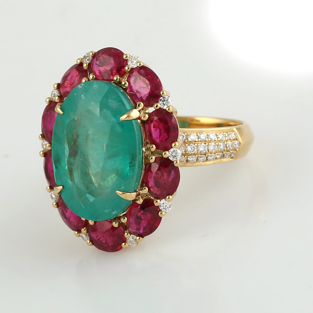 Oval Cut Emerald May birthstone Ruby Pave Diamond Wedding Ring In Yellow Gold