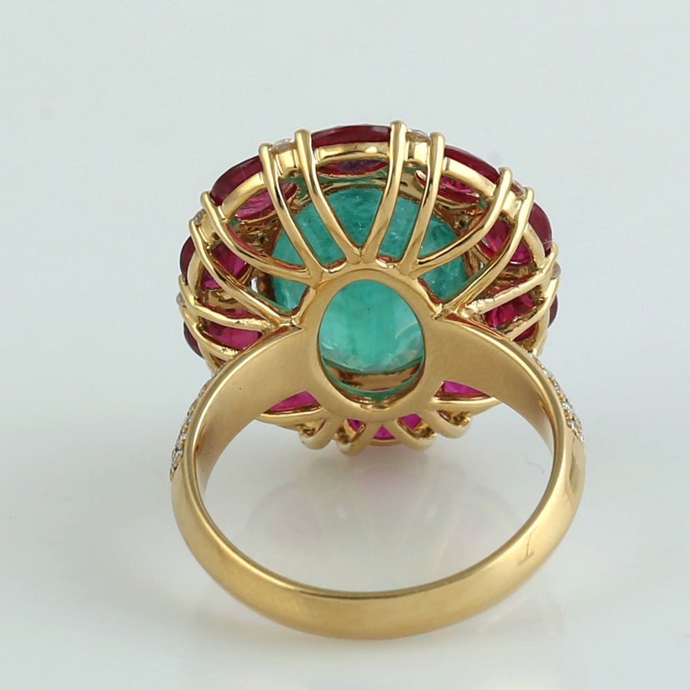 Oval Cut Emerald May birthstone Ruby Pave Diamond Wedding Ring In Yellow Gold