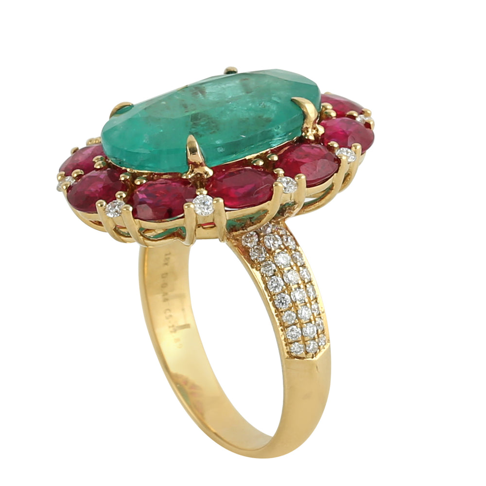 Oval Cut Emerald May birthstone Ruby Pave Diamond Wedding Ring In Yellow Gold