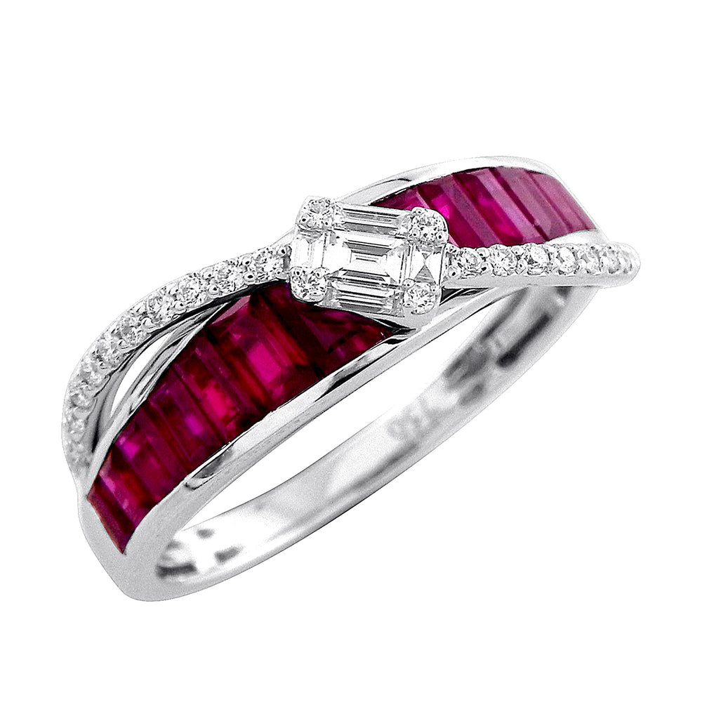 Channel Set Baguette Cut Ruby Pave Diamond Band Ring In 18k White Gold
