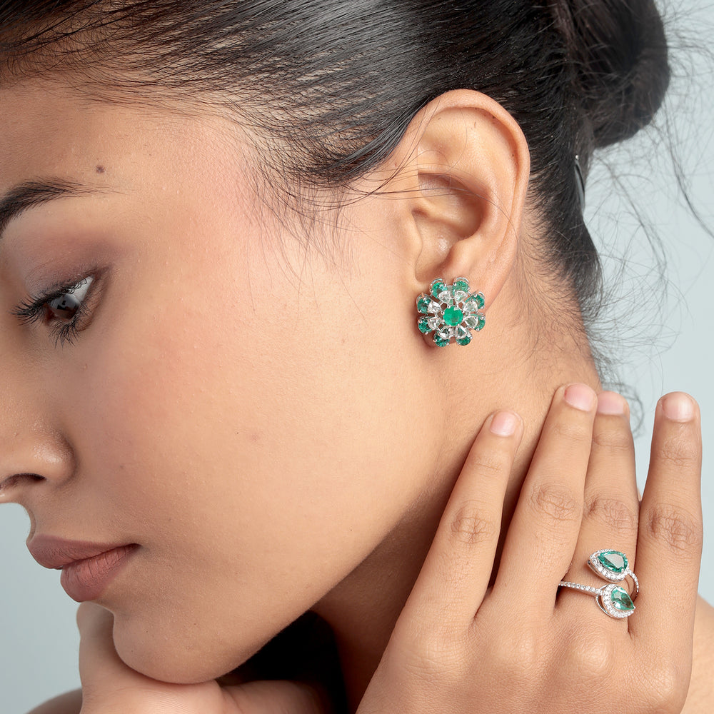 Pear Cut Emerald Rose Cut Diamond Flower Jacket Stud Earrings In White Gold