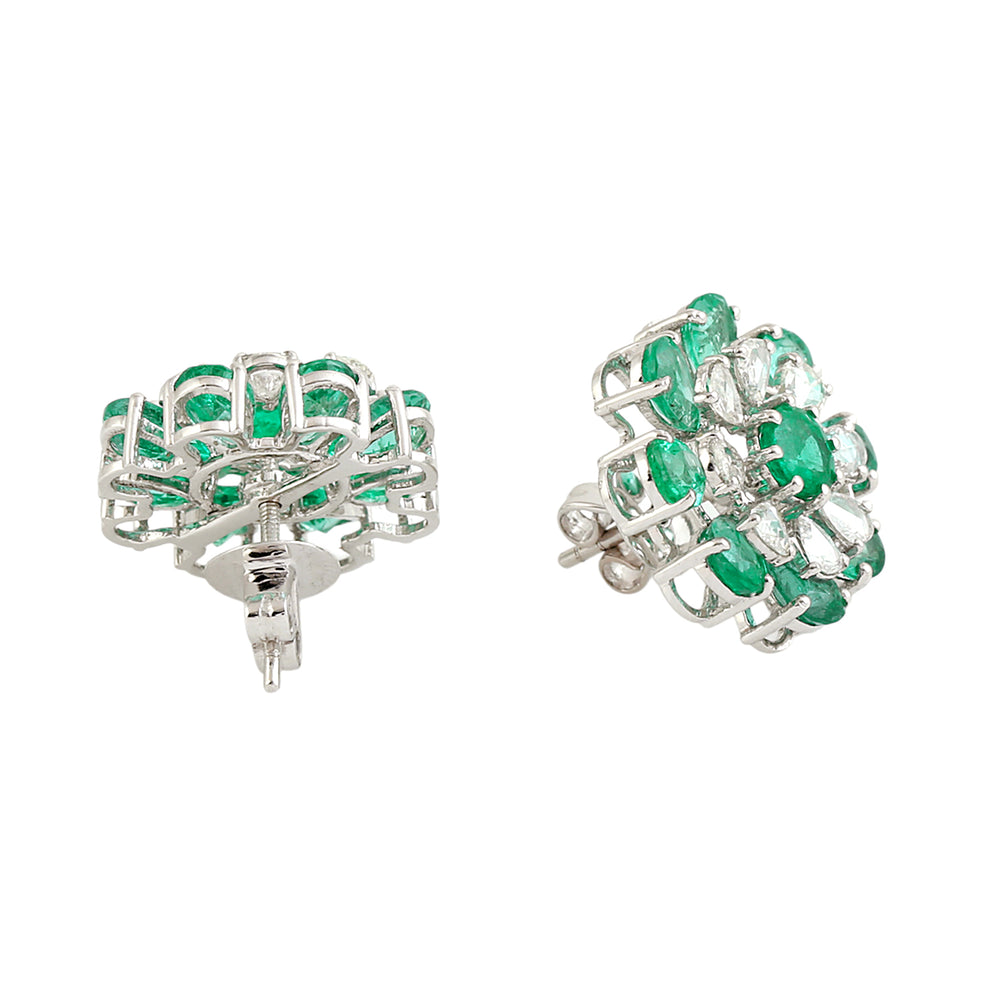 Pear Cut Emerald Rose Cut Diamond Flower Jacket Stud Earrings In White Gold