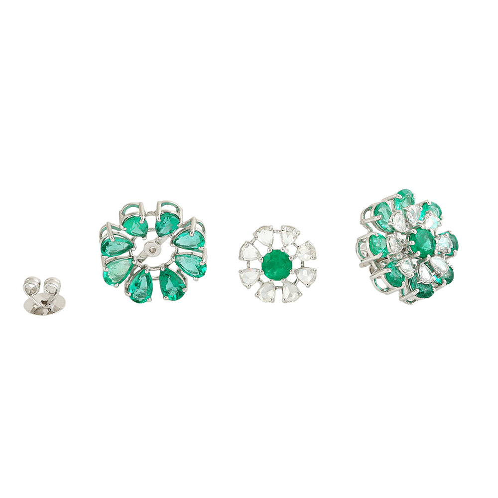 Pear Cut Emerald Rose Cut Diamond Flower Jacket Stud Earrings In White Gold