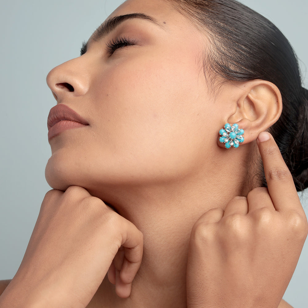 Pear Cut Turquoise Rose Cut Flower Jacket Stud Earrings In 18K White gold