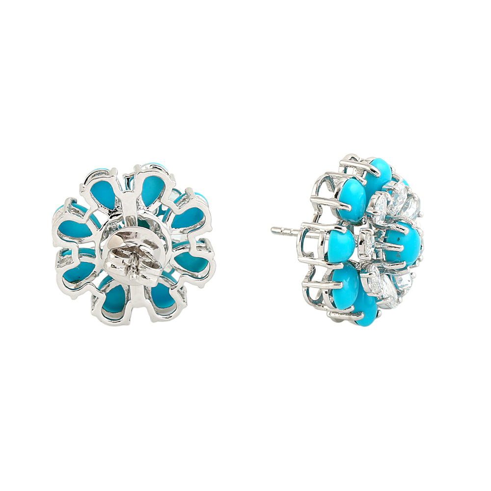 Pear Cut Turquoise Rose Cut Flower Jacket Stud Earrings In 18K White gold