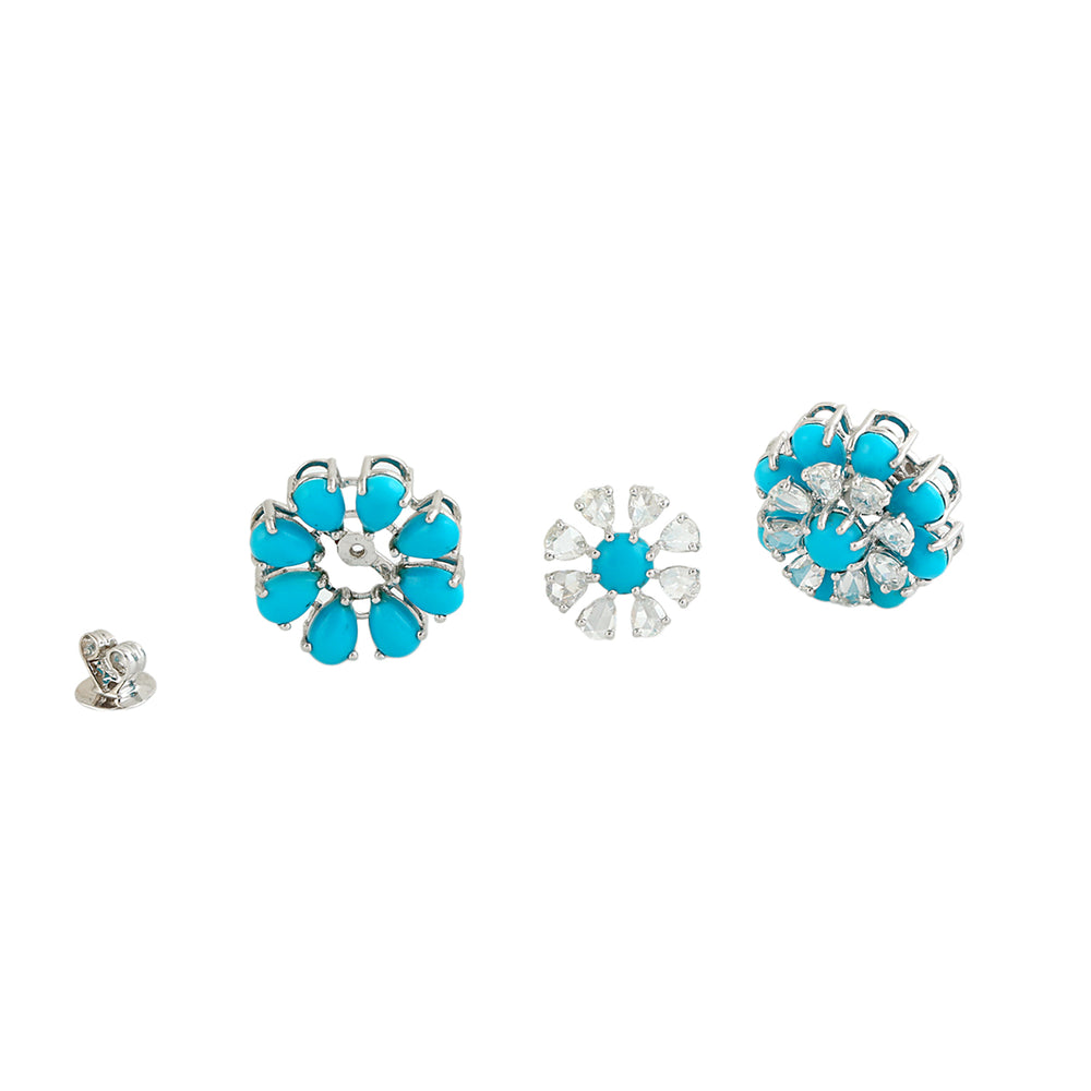 Pear Cut Turquoise Rose Cut Flower Jacket Stud Earrings In 18K White gold