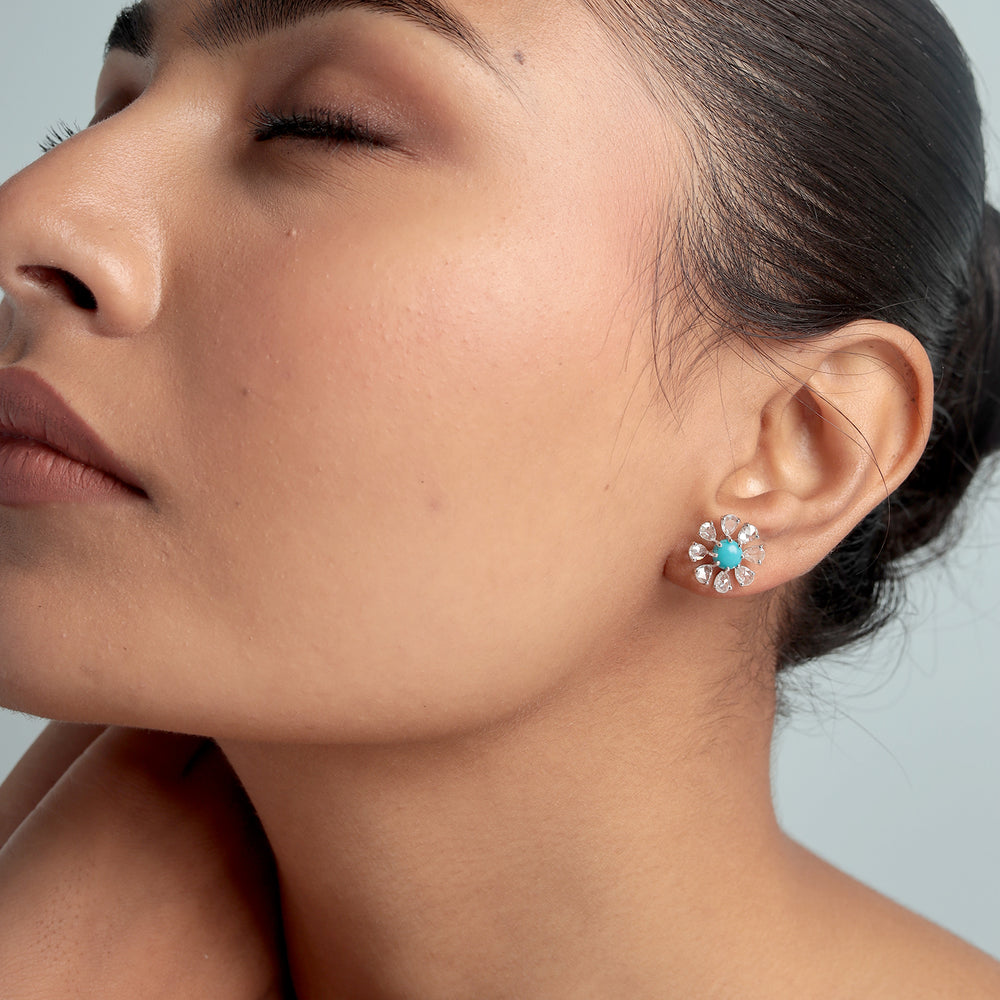 Pear Cut Turquoise Rose Cut Flower Jacket Stud Earrings In 18K White gold