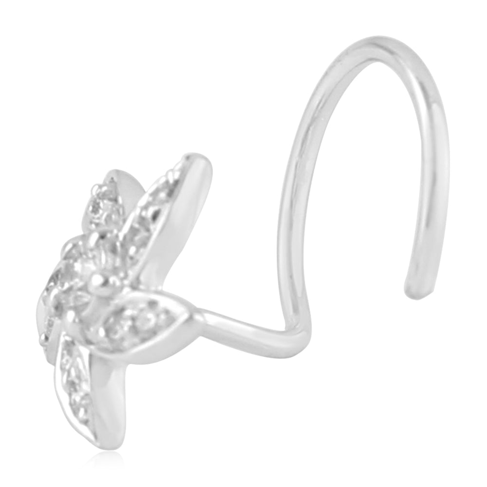 Diamond Floral Nose Ring in 18K White Gold – Five-Petal Sparkle Design