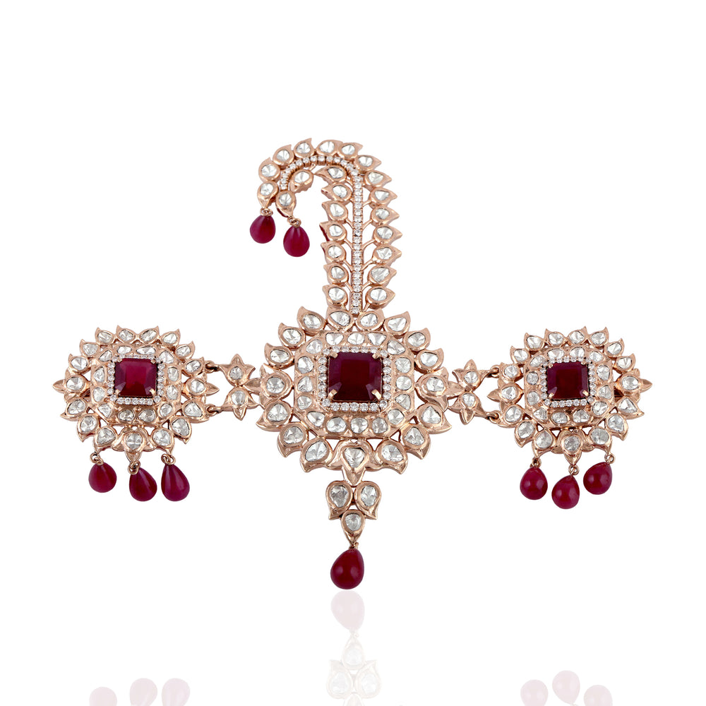 Uncut Rose cut Diamond Ruby Glass 18k Rose Gold Designer Findings Jewelry