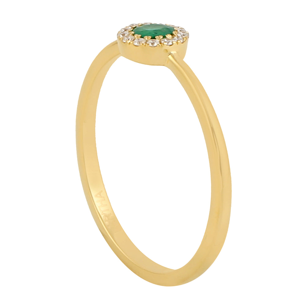 18K Yellow Gold Round Cut Emerald Pave Diamond Band Ring For Gifts