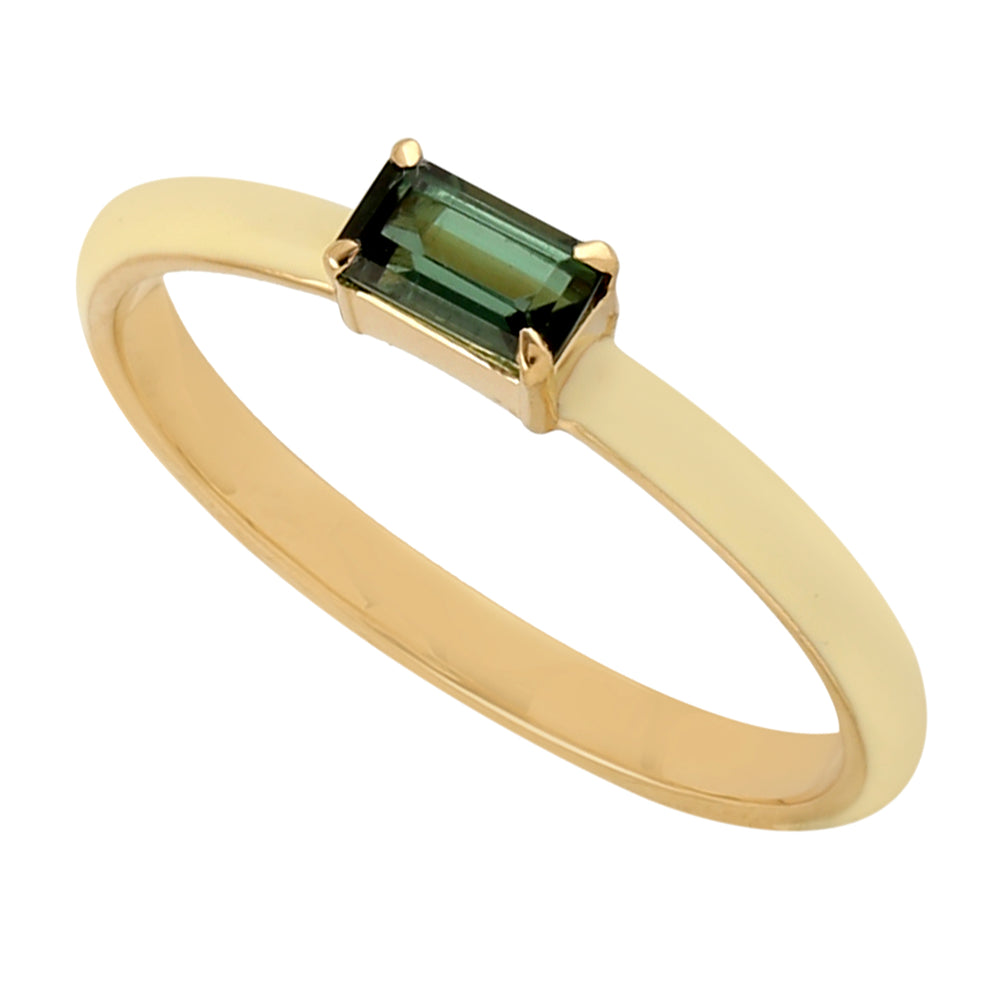 Baguette Green Tourmaline Gemstone Enamel Band Ring In Yellow Gold