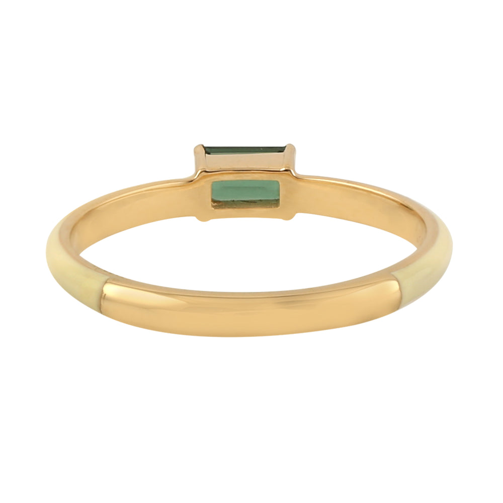 Baguette Green Tourmaline Gemstone Enamel Band Ring In Yellow Gold