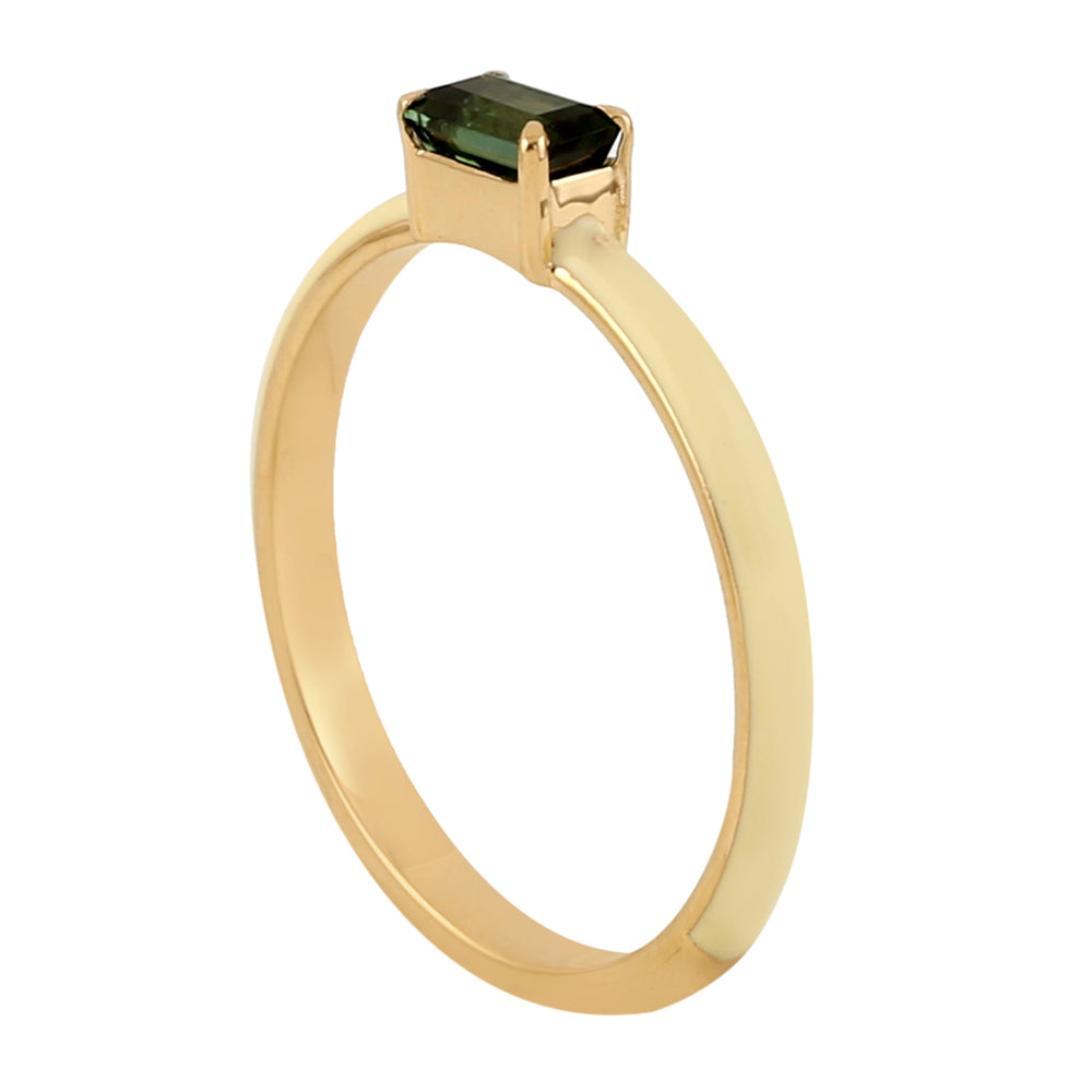 Baguette Green Tourmaline Gemstone Enamel Band Ring In Yellow Gold