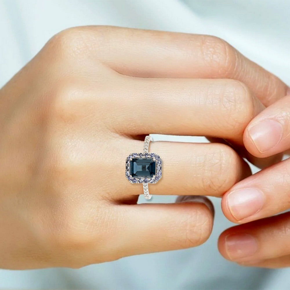 London Blue Topaz Pave Tanzanite Accent Diamond In 18k White Gold Ring