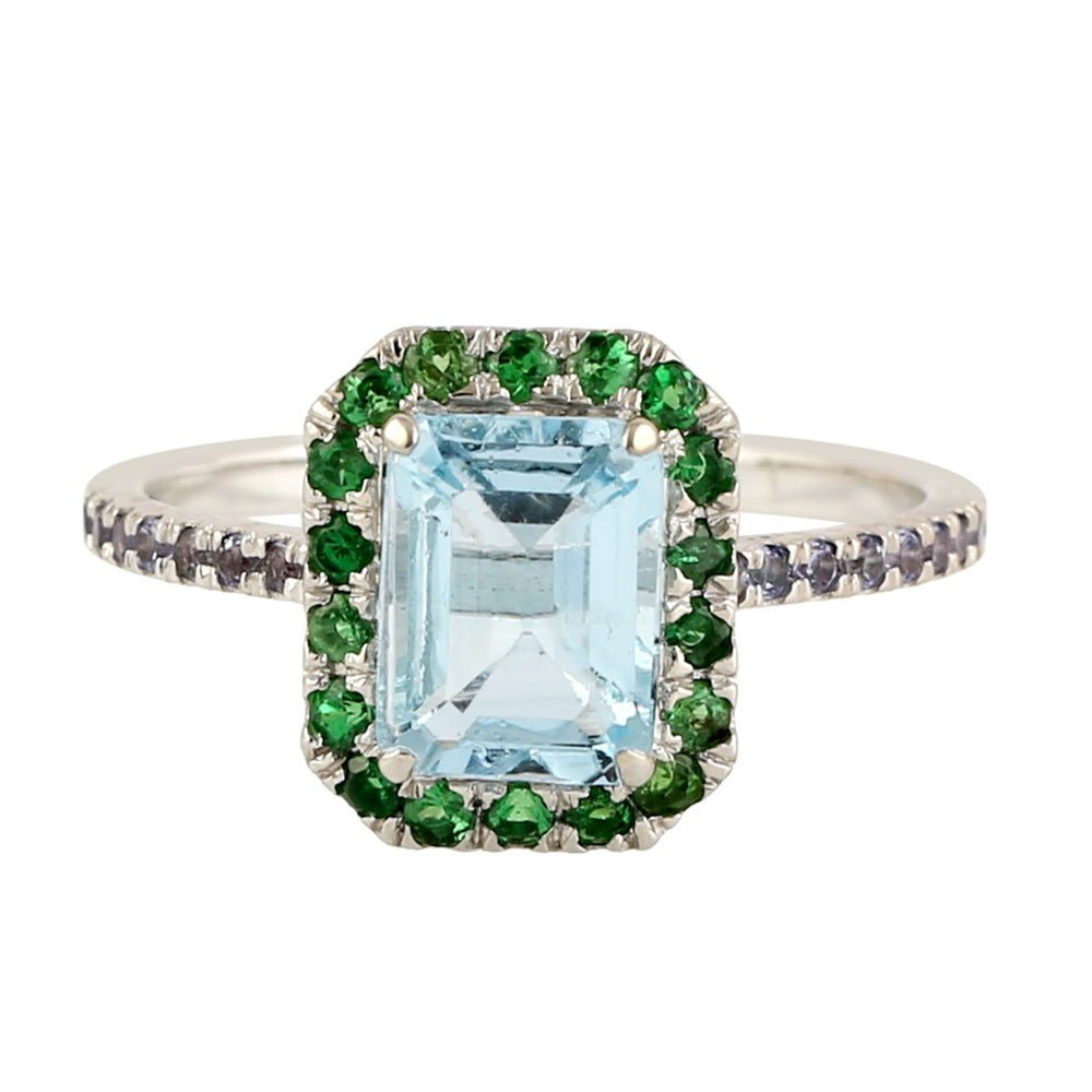 Emerald Cut Blue Topaz Pave Tsavorite Tanzanite Cocktail Ring in 18k White Gold