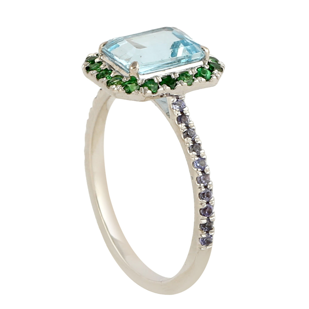 Emerald Cut Blue Topaz Pave Tsavorite Tanzanite Cocktail Ring in 18k White Gold