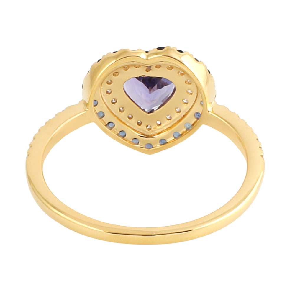 Solid 18k Yellow Gold Natural Tanzanite & Sapphire Diamond Heart Ring Gift For Her
