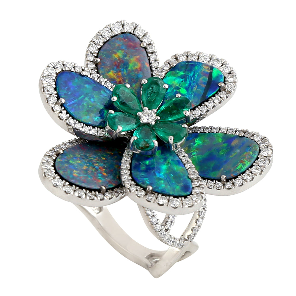 Blue Opal, Emerald & Diamond Floral Cocktail Ring in 18K White Gold