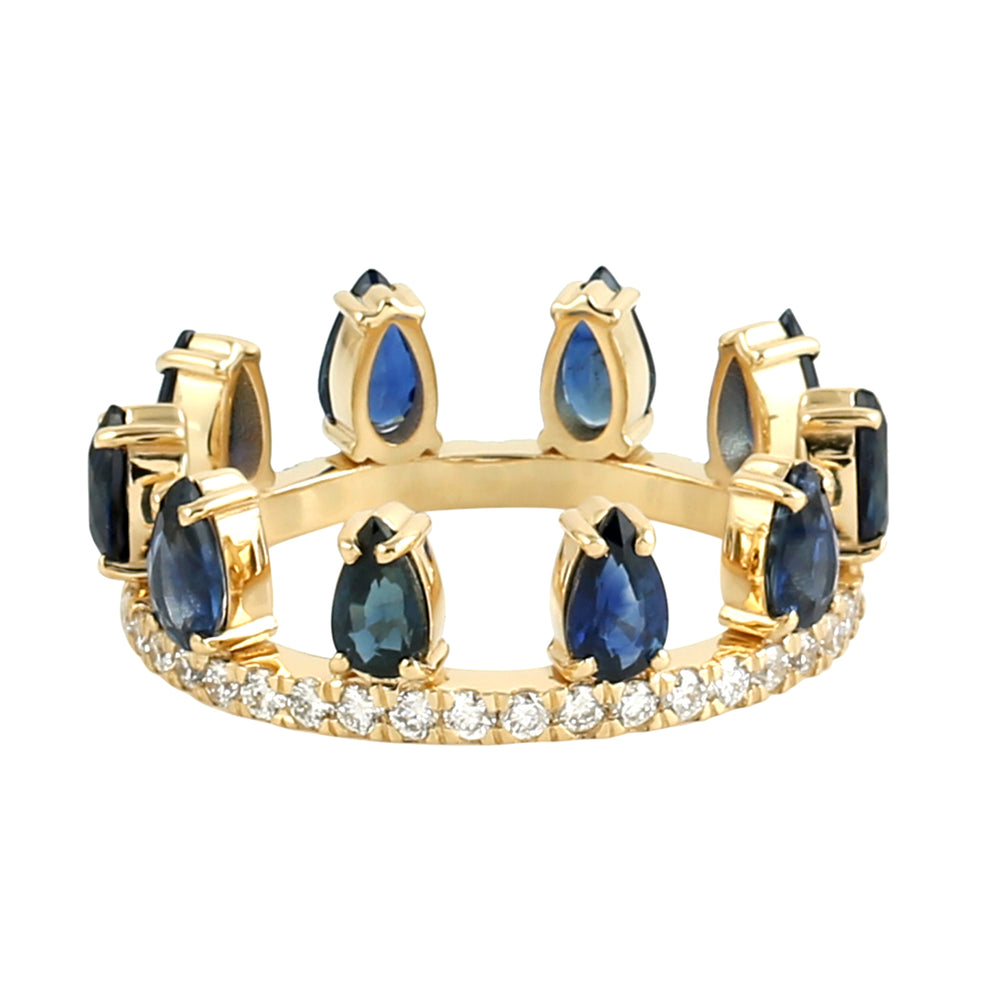 Pear Cut Blue Sapphire Pave Diamond Tiara Design 18k Yellow Gold Ring Jewelry