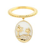 Micro Pave Diamond Coconut Tree Beach Charm 18k Yellow Gold Ring For Gift
