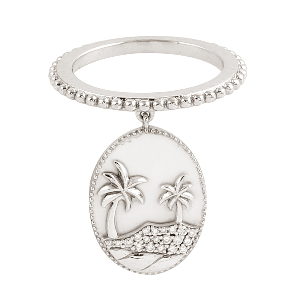 Micro Pave Diamond Coconut Tree Beach Charm 18k White Gold Ring For Gift