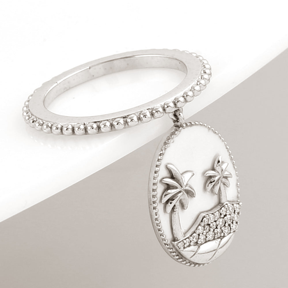 Micro Pave Diamond Coconut Tree Beach Charm 18k White Gold Ring For Gift