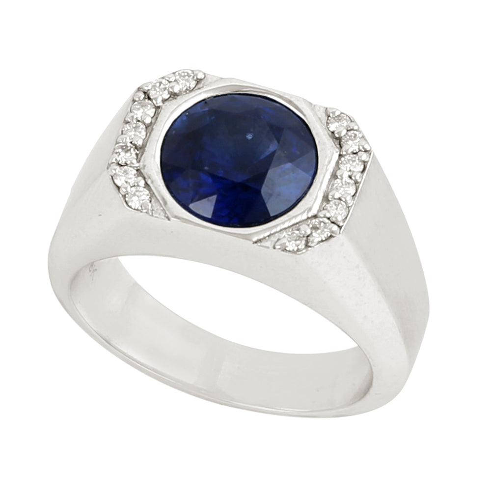 18K White Gold Blue Sapphire & Diamond Men's Signet Ring