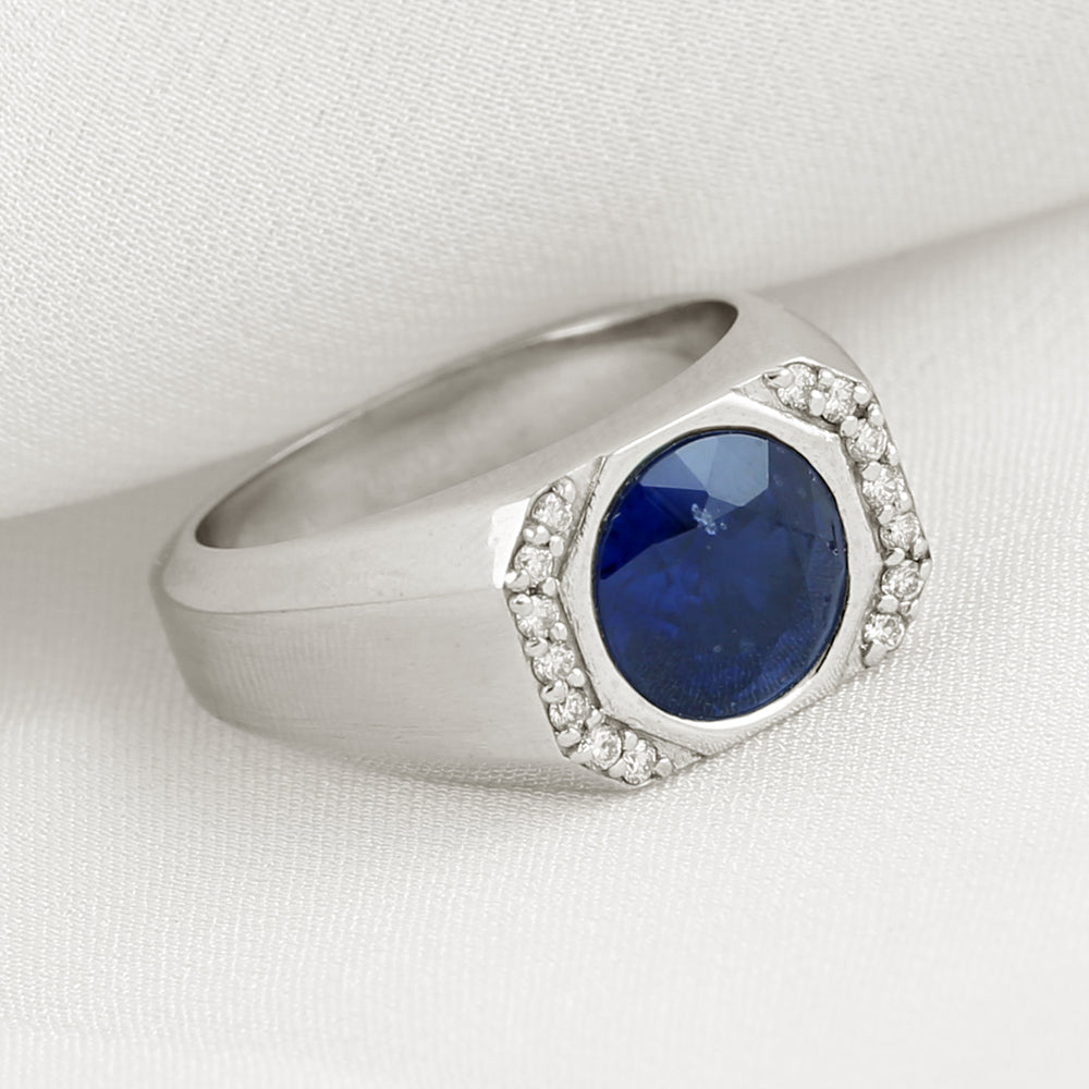18K White Gold Blue Sapphire & Diamond Men's Signet Ring