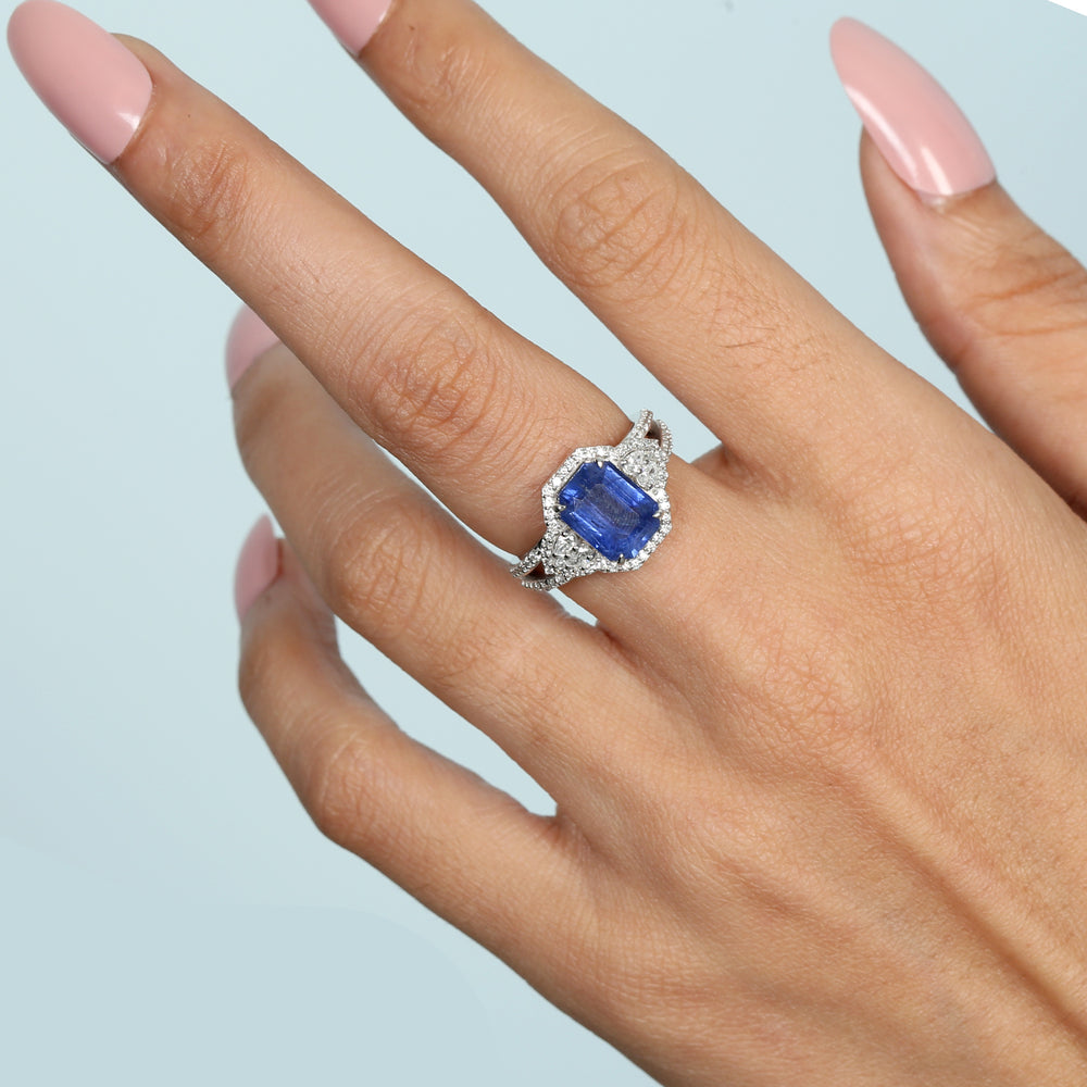 Emerald Cut Sapphire Rose Cut Diamond In White Gold Solitaire Ring For Her