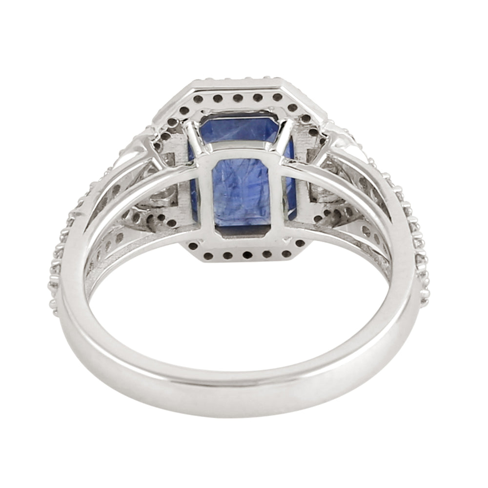 Emerald Cut Sapphire Rose Cut Diamond In White Gold Solitaire Ring For Her