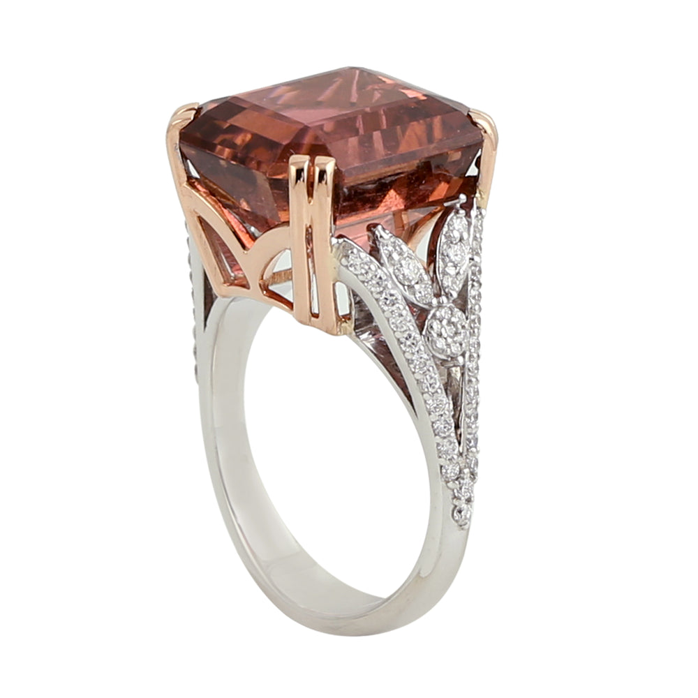 Octagon Pink Tourmaline Pave Diamond Wedding Ring in 18K White & Rose Gold