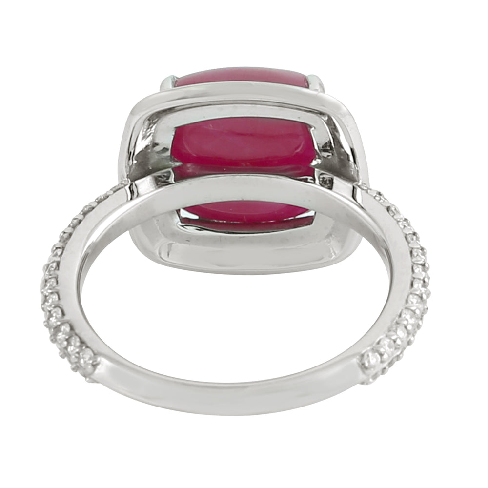 Pyramid Cut Ruby Pave Diamond Enamel Solitaire Ring In 18K White Gold