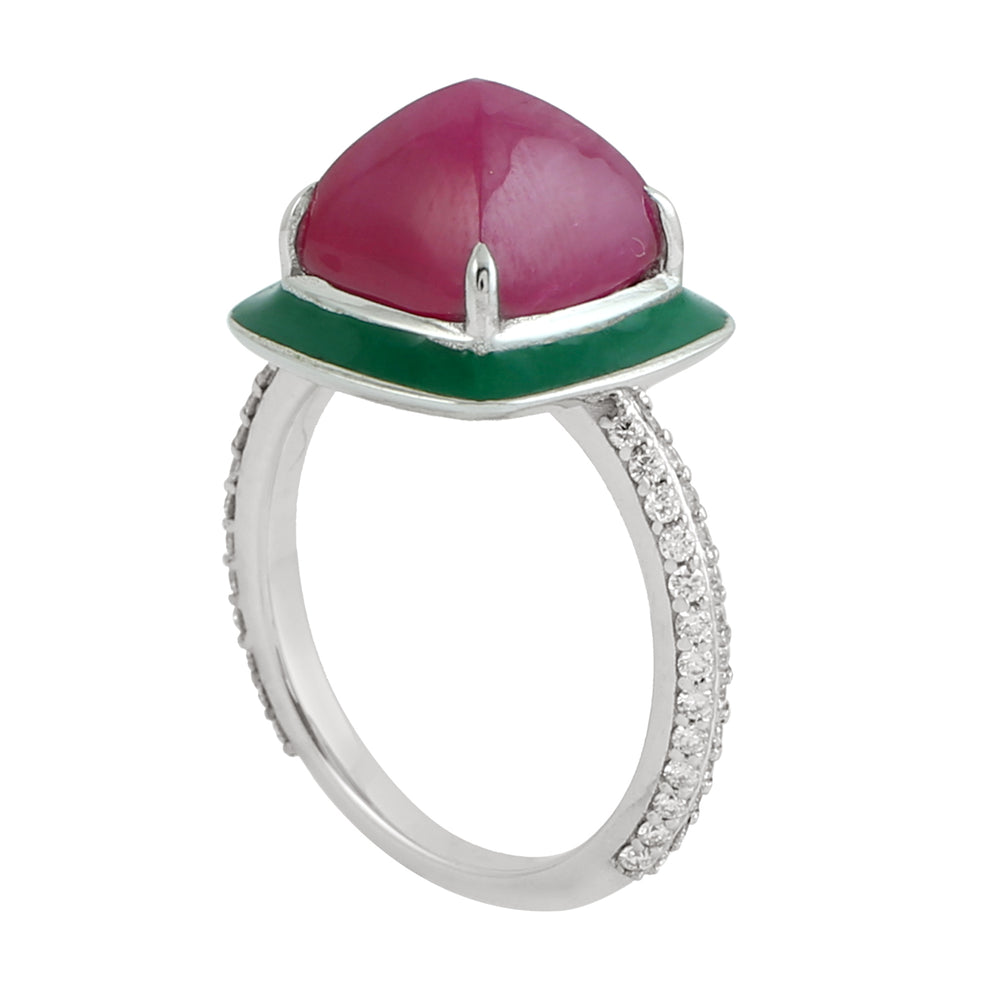 Pyramid Cut Ruby Pave Diamond Enamel Solitaire Ring In 18K White Gold