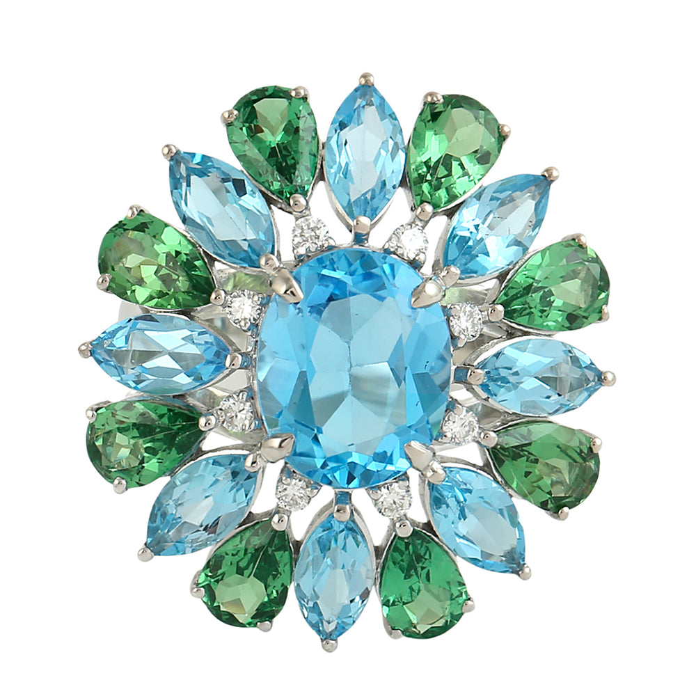 Blue Topaz and Tsavorite Statement Cocktail Ring in 14K White Gold