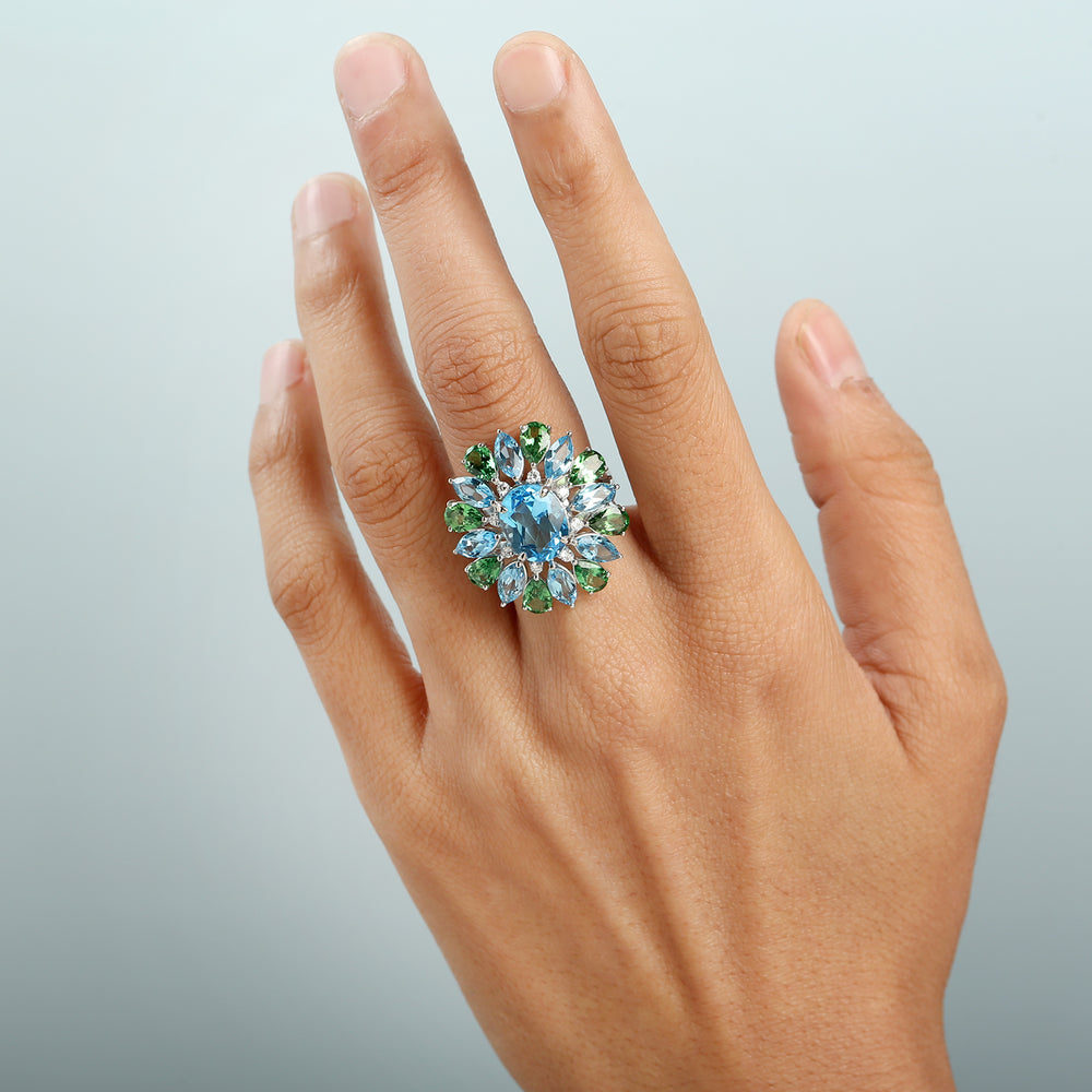 Blue Topaz and Tsavorite Statement Cocktail Ring in 14K White Gold