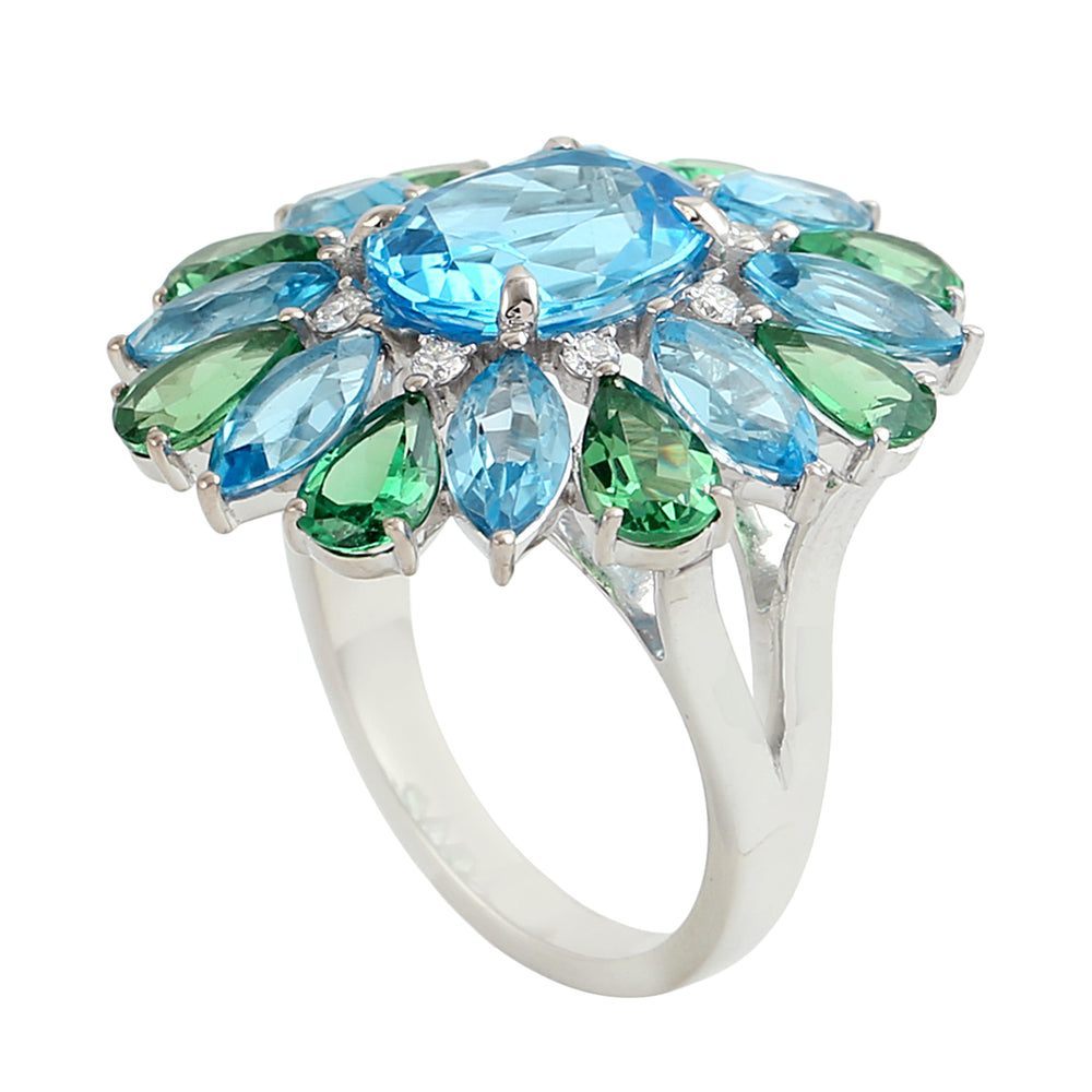 Blue Topaz and Tsavorite Statement Cocktail Ring in 14K White Gold
