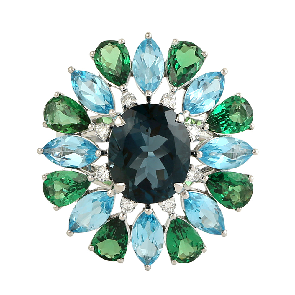 London Topaz, Tsavorite & Blue Topaz Prong Diamond Floral Cocktail Ring in 18K White Gold