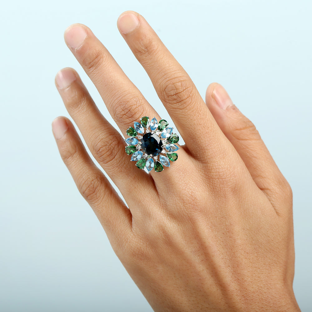 London Topaz, Tsavorite & Blue Topaz Prong Diamond Floral Cocktail Ring in 18K White Gold