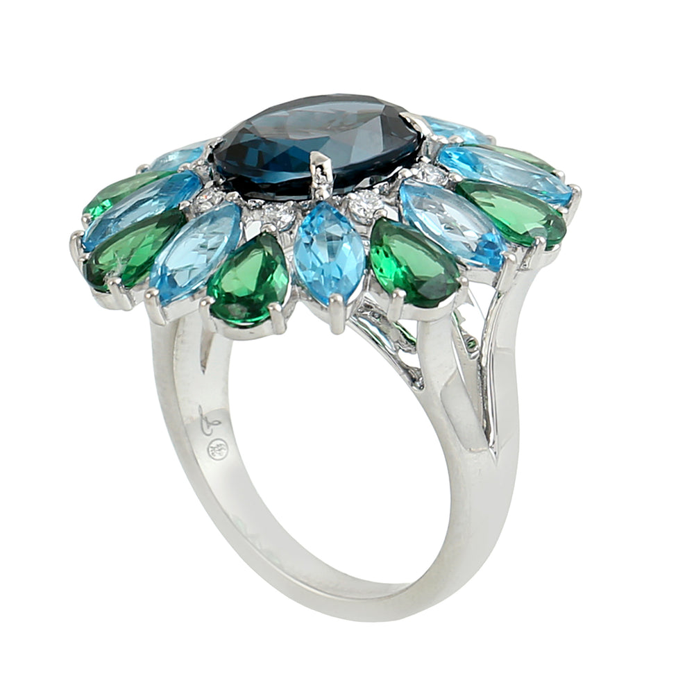 London Topaz, Tsavorite & Blue Topaz Prong Diamond Floral Cocktail Ring in 18K White Gold
