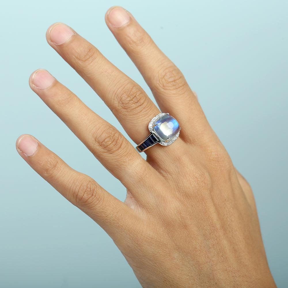Moonstone Blue & Blue Sapphire Pave Diamond Dome Ring in 14K White Gold