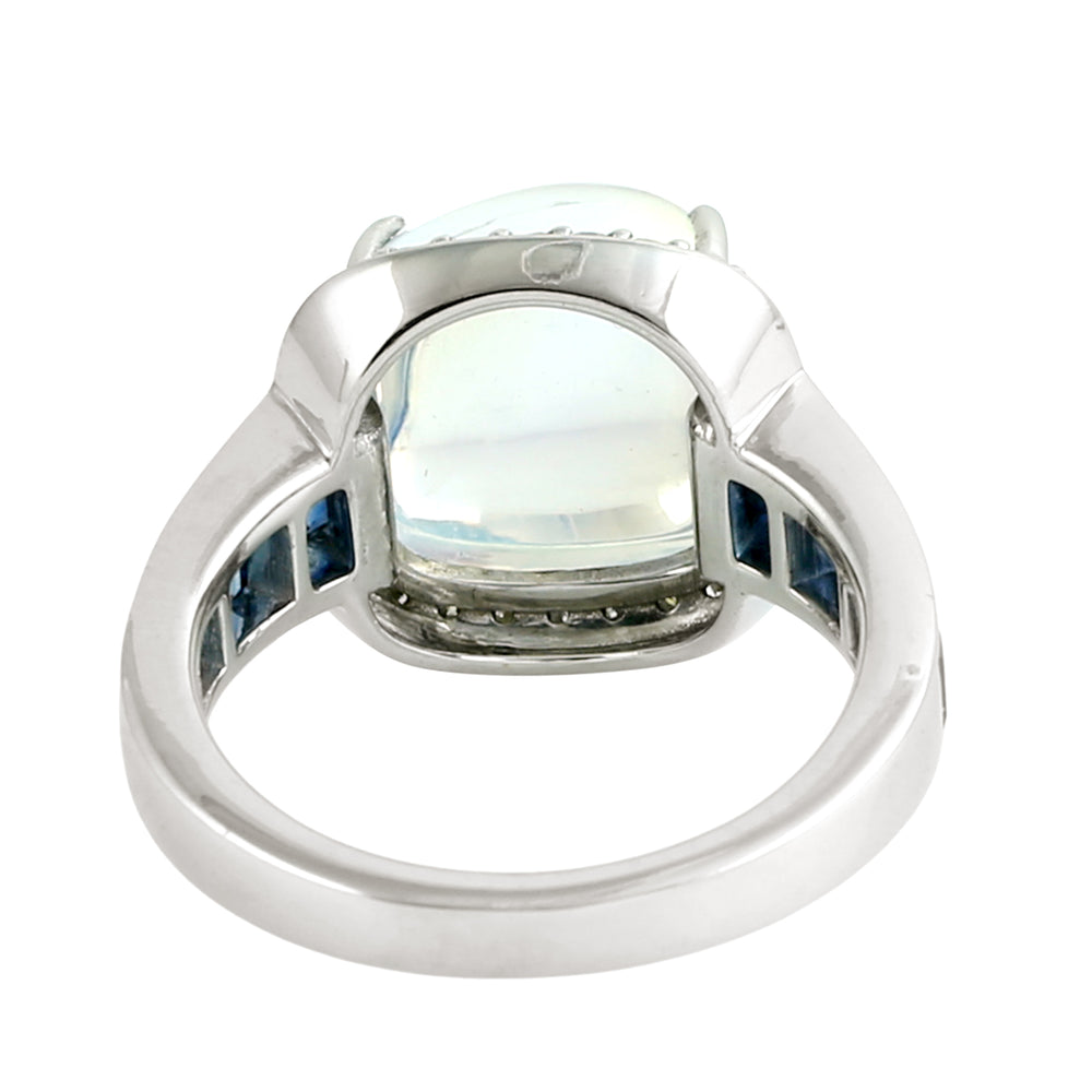 Moonstone Blue & Blue Sapphire Pave Diamond Dome Ring in 14K White Gold